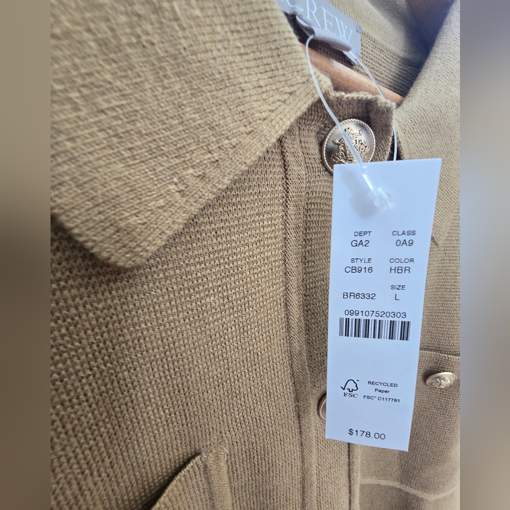 J. CREW Cropped Patch Pocket Lady Jacket Cardigan Sweater Honey Brown Large NWT - Picture 7 of 8